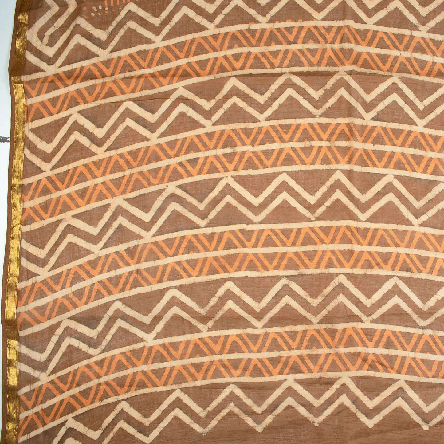 Beige And Orange Tree Pattern Kashish Handblock Zari Bordered Cotton Mulmul Saree With Blouse - Fabcurate