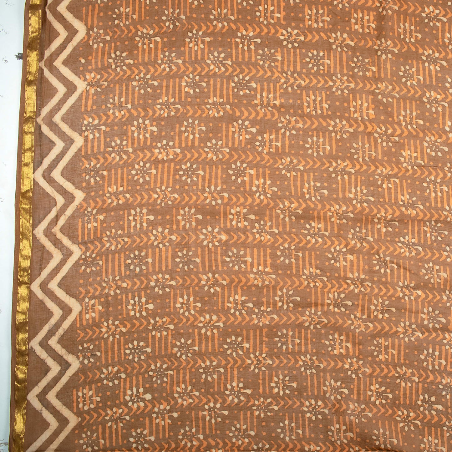 Beige And Orange Tree Pattern Kashish Handblock Zari Bordered Cotton Mulmul Saree With Blouse - Fabcurate