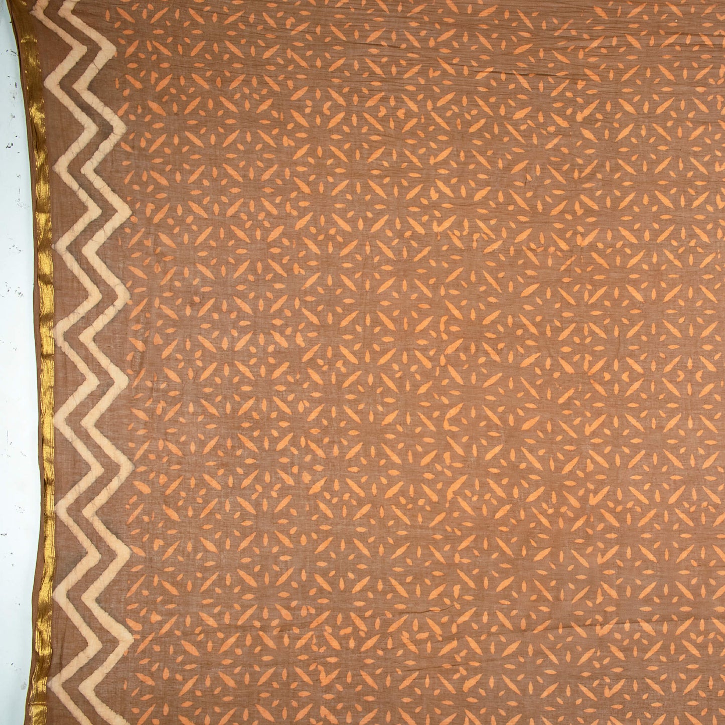 Beige And Orange Tree Pattern Kashish Handblock Zari Bordered Cotton Mulmul Saree With Blouse - Fabcurate