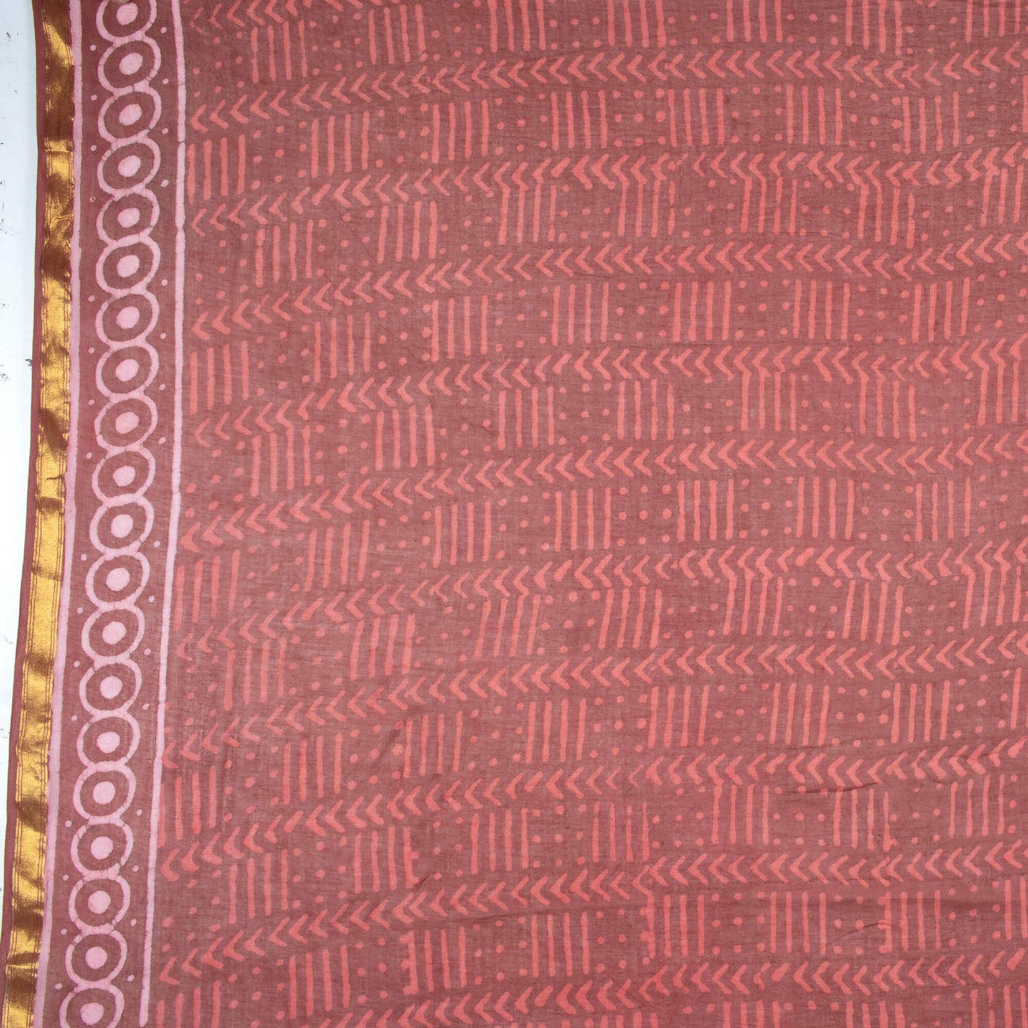 Maroon And Beige Leaf Pattern Kashish Handblock Zari Bordered Cotton Mulmul Saree With Blouse - Fabcurate