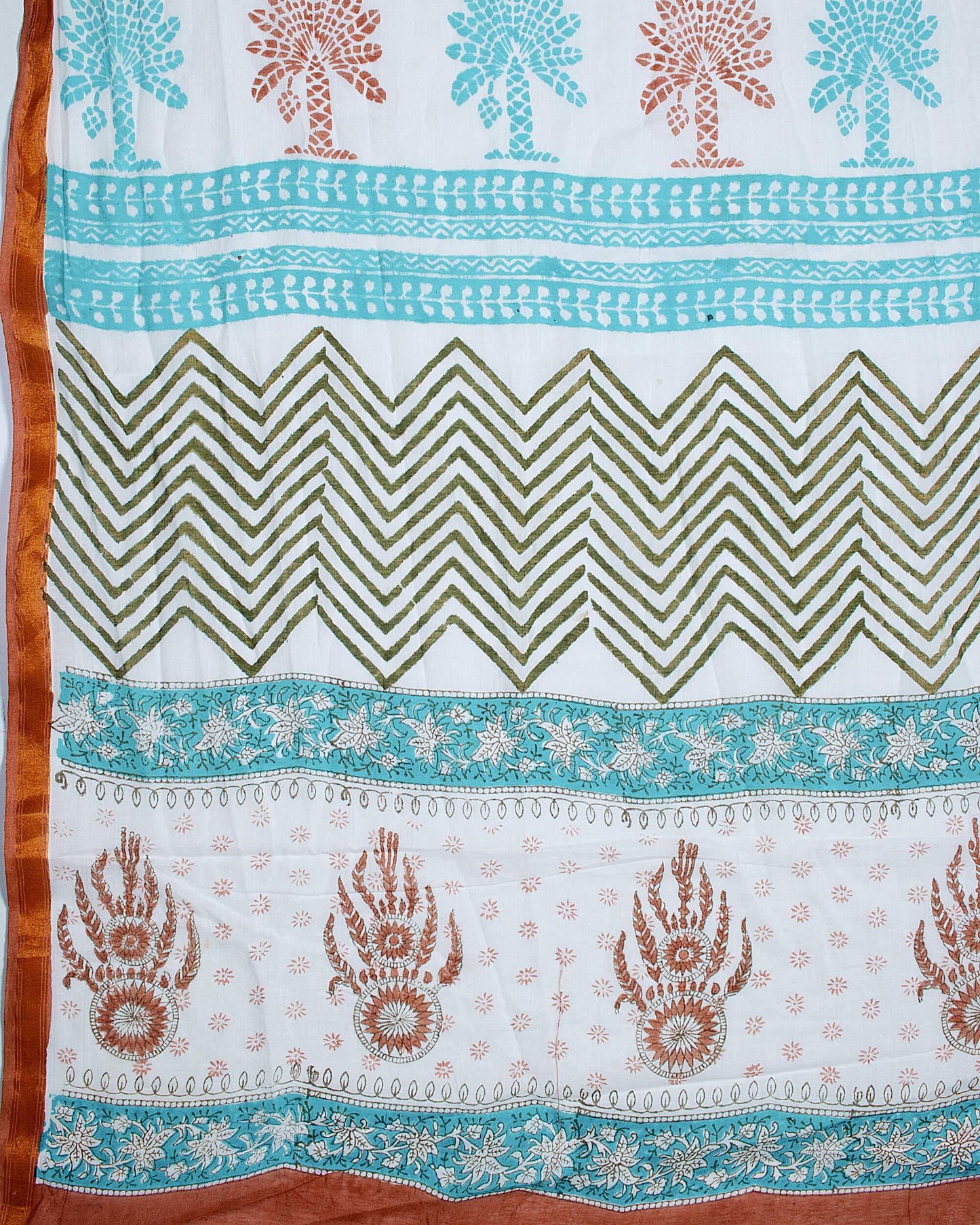 White And Burnt Orange Booti Pattern Handblock Zari Bordered Cotton Mulmul Saree With Blouse - Fabcurate