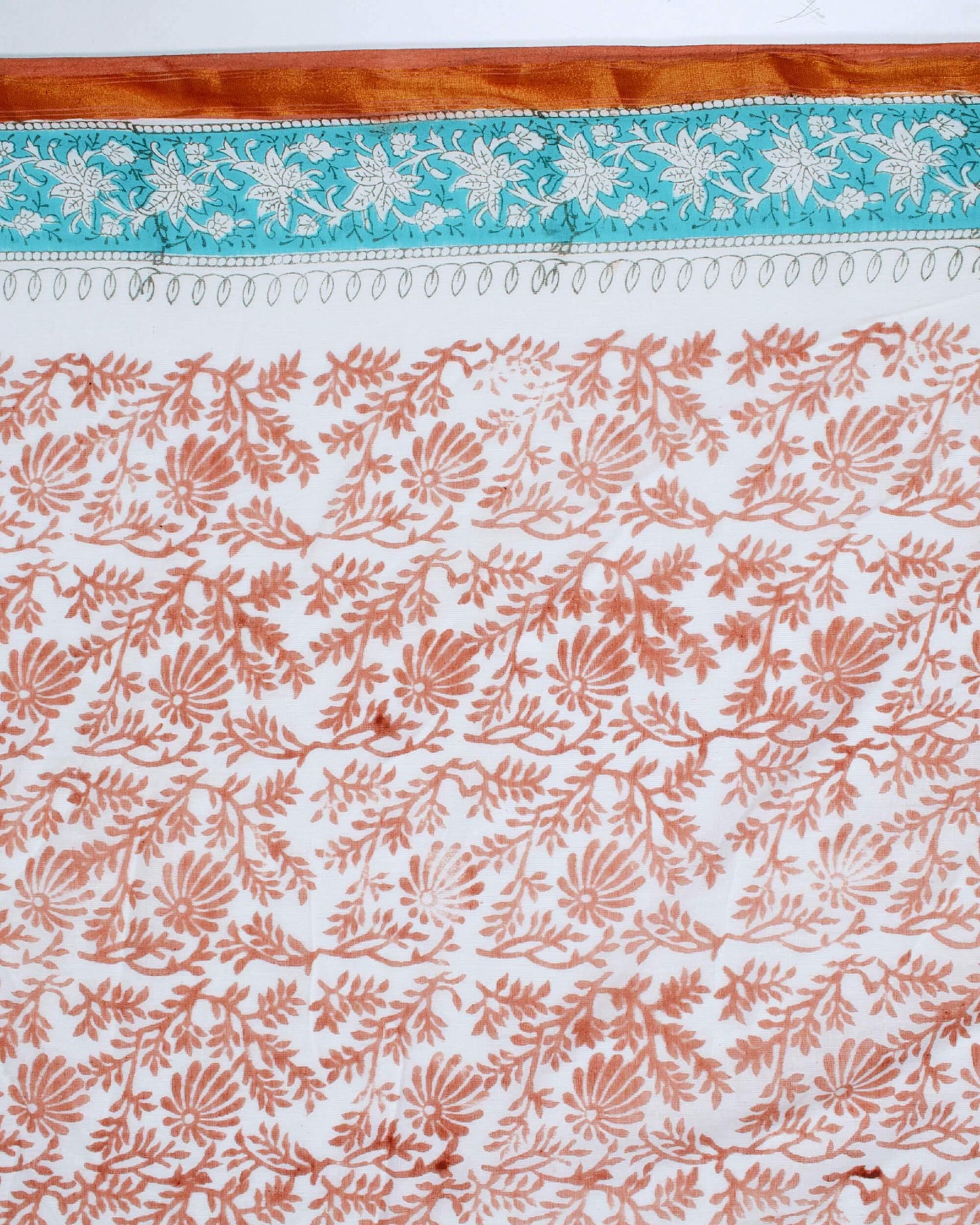 White And Burnt Orange Booti Pattern Handblock Zari Bordered Cotton Mulmul Saree With Blouse - Fabcurate