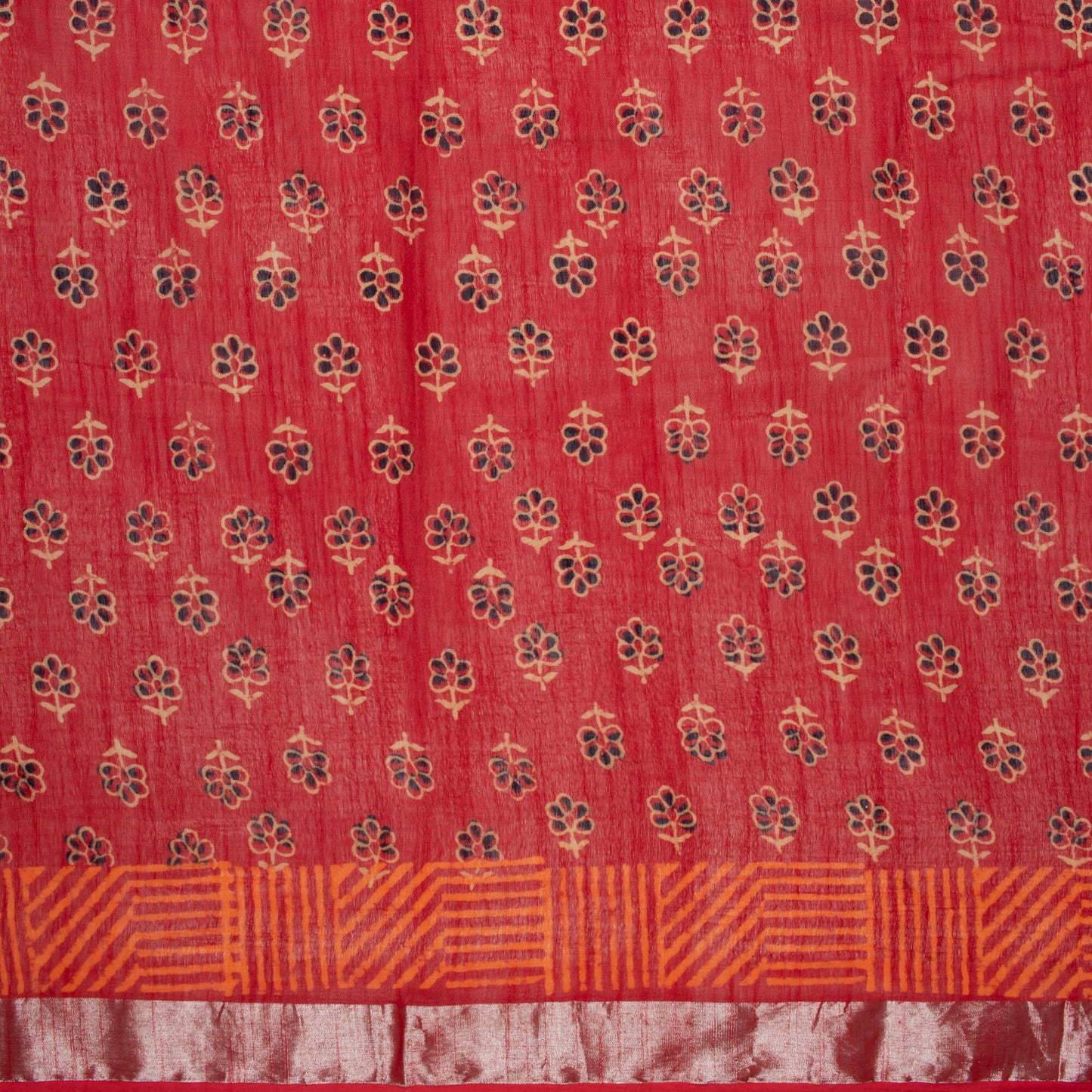 Cherry Red And Cream Floral Pattern Handblock Zari Borderd With Heavy Pallu Cotton By Linen Saree