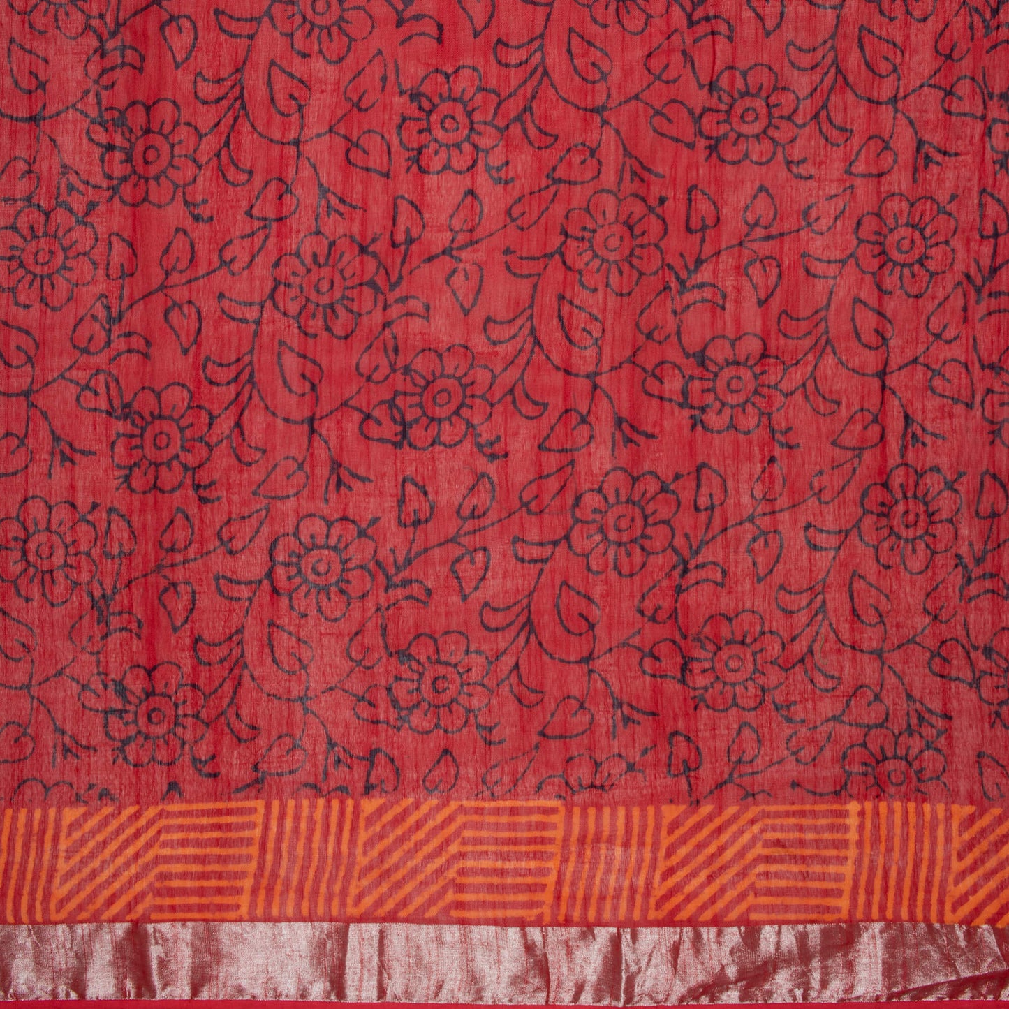 Cherry Red And Cream Floral Pattern Handblock Zari Borderd With Heavy Pallu Cotton By Linen Saree
