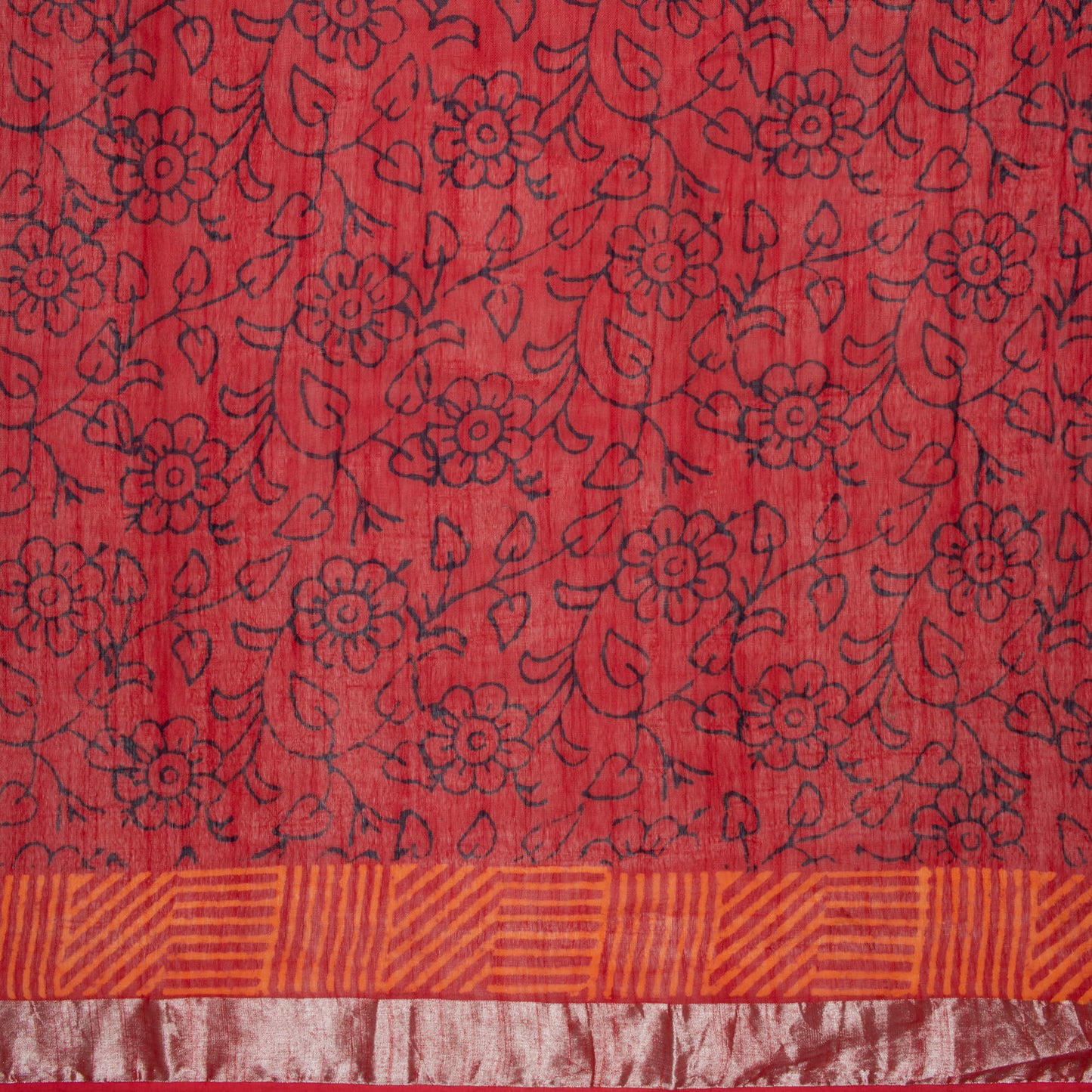 Cherry Red And Cream Floral Pattern Handblock Zari Borderd With Heavy Pallu Cotton By Linen Saree