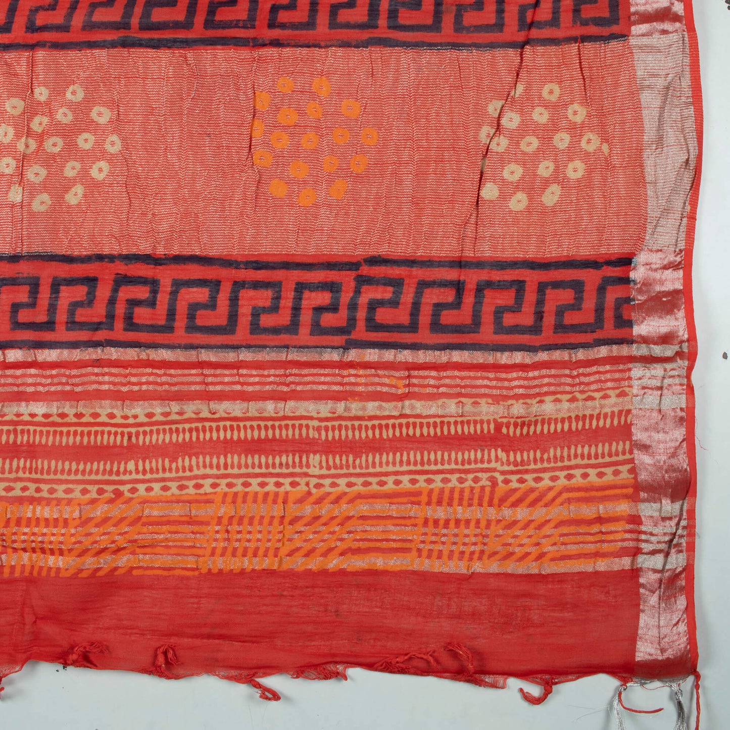 Dark Orange And Cream Floral Pattern Handblock Zari Bordered With Heavy Pallu Cotton By Linen Saree