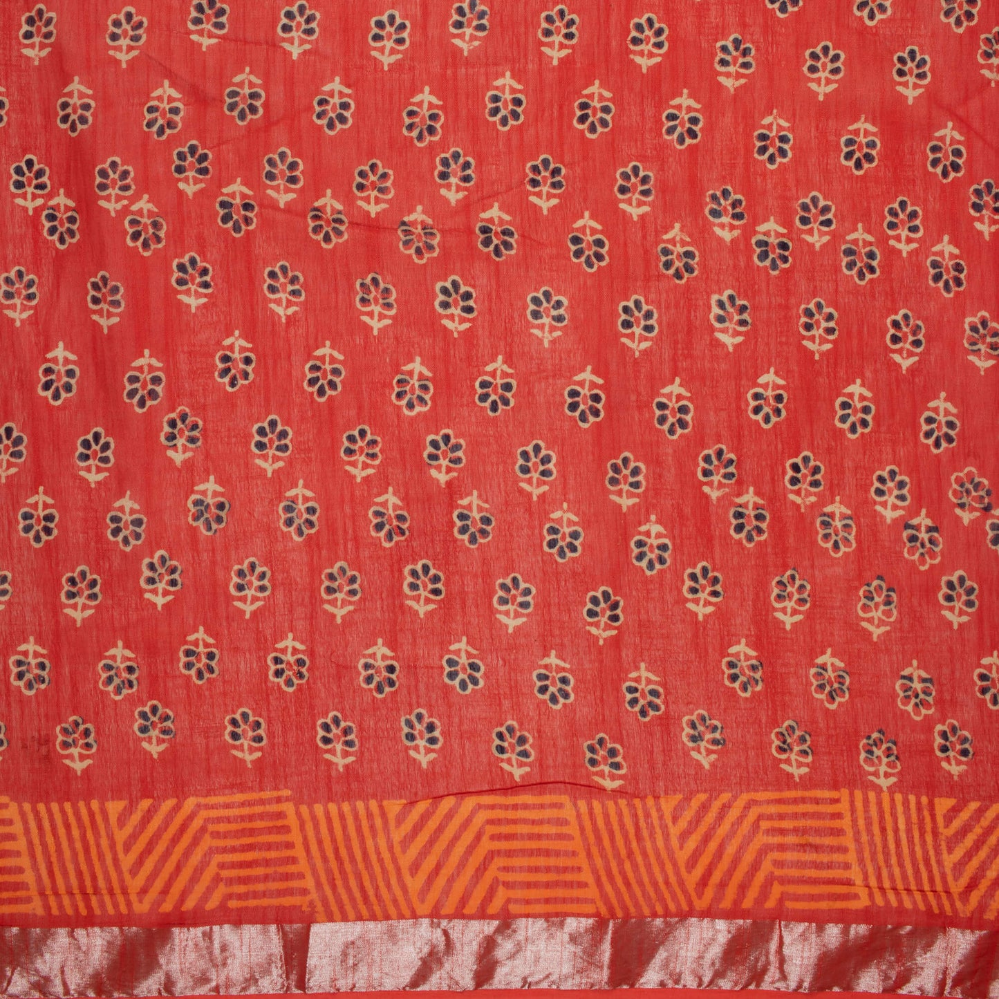 Dark Orange And Cream Floral Pattern Handblock Zari Bordered With Heavy Pallu Cotton By Linen Saree