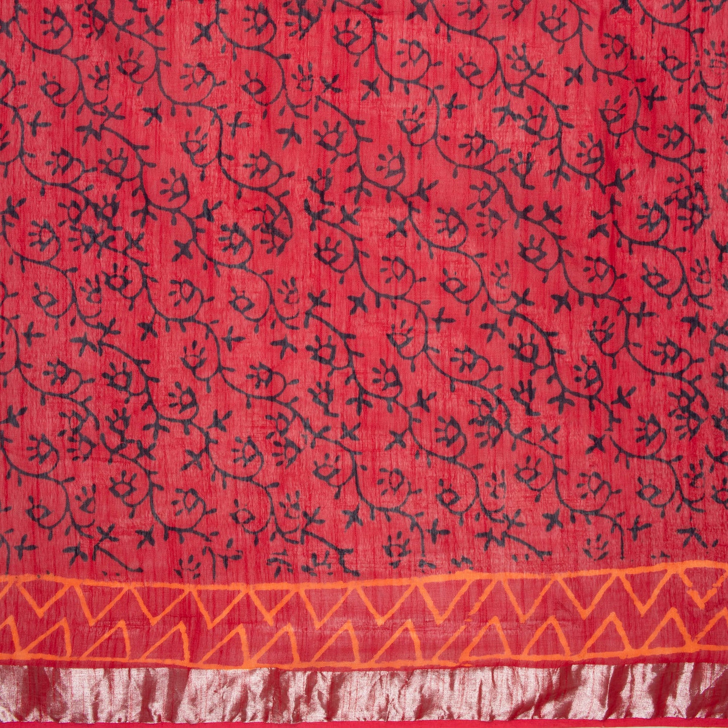 Cherry Red And Cream Floral Pattern Handblock Zari Borderd With Heavy Pallu Cotton By Linen Saree