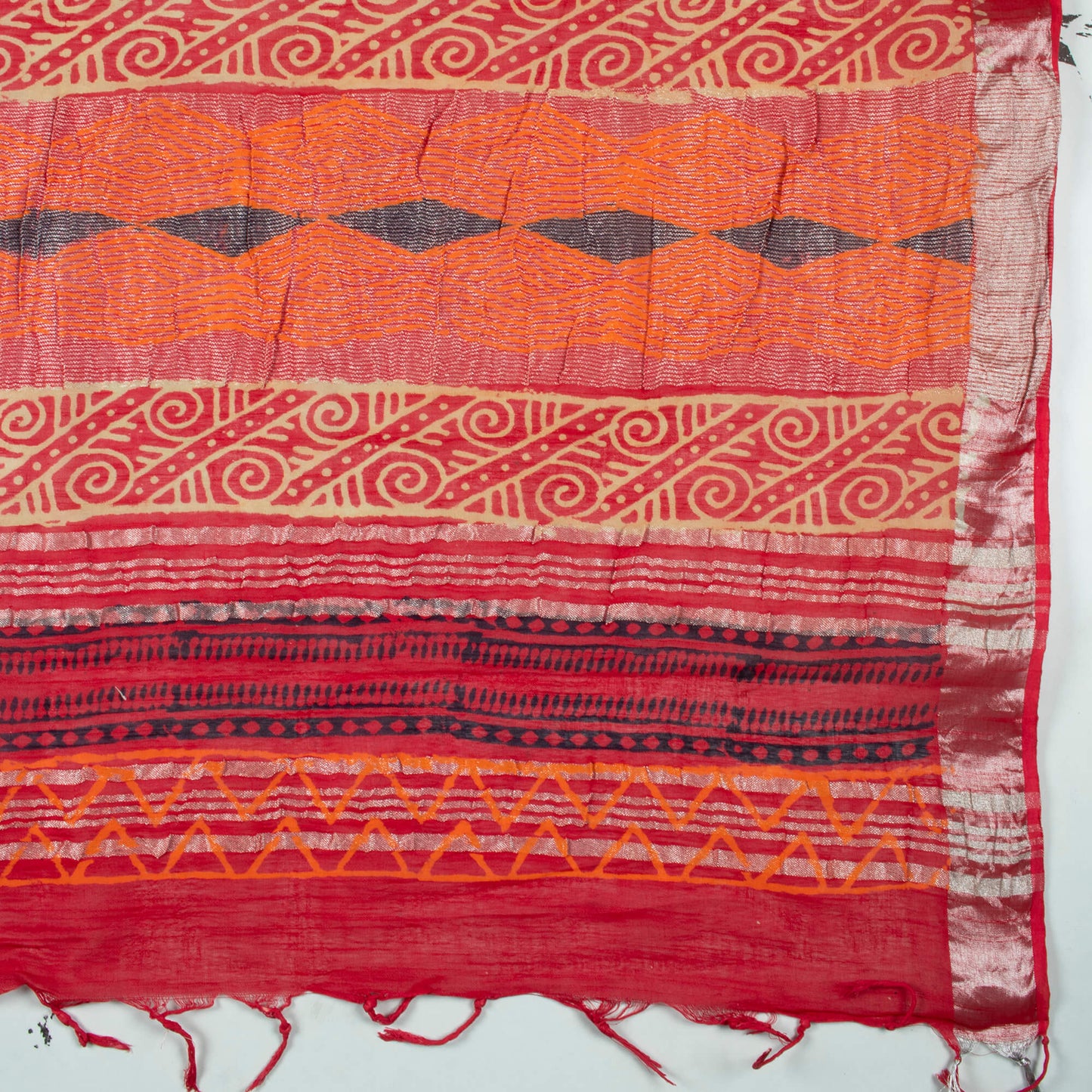 Dark Orange And Cream Floral Pattern Handblock Zari Bordered With Heavy Pallu Cotton By Linen Saree