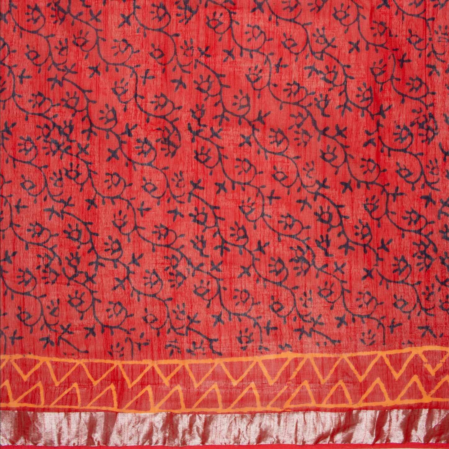 Dark Orange And Cream Floral Pattern Handblock Zari Bordered With Heavy Pallu Cotton By Linen Saree