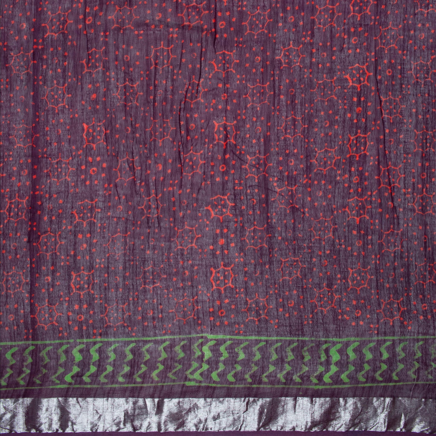 Eggplant Purple And Red Traditional Pattern Handblock Zari Bordered With Heavy Pallu Cotton By Linen Saree