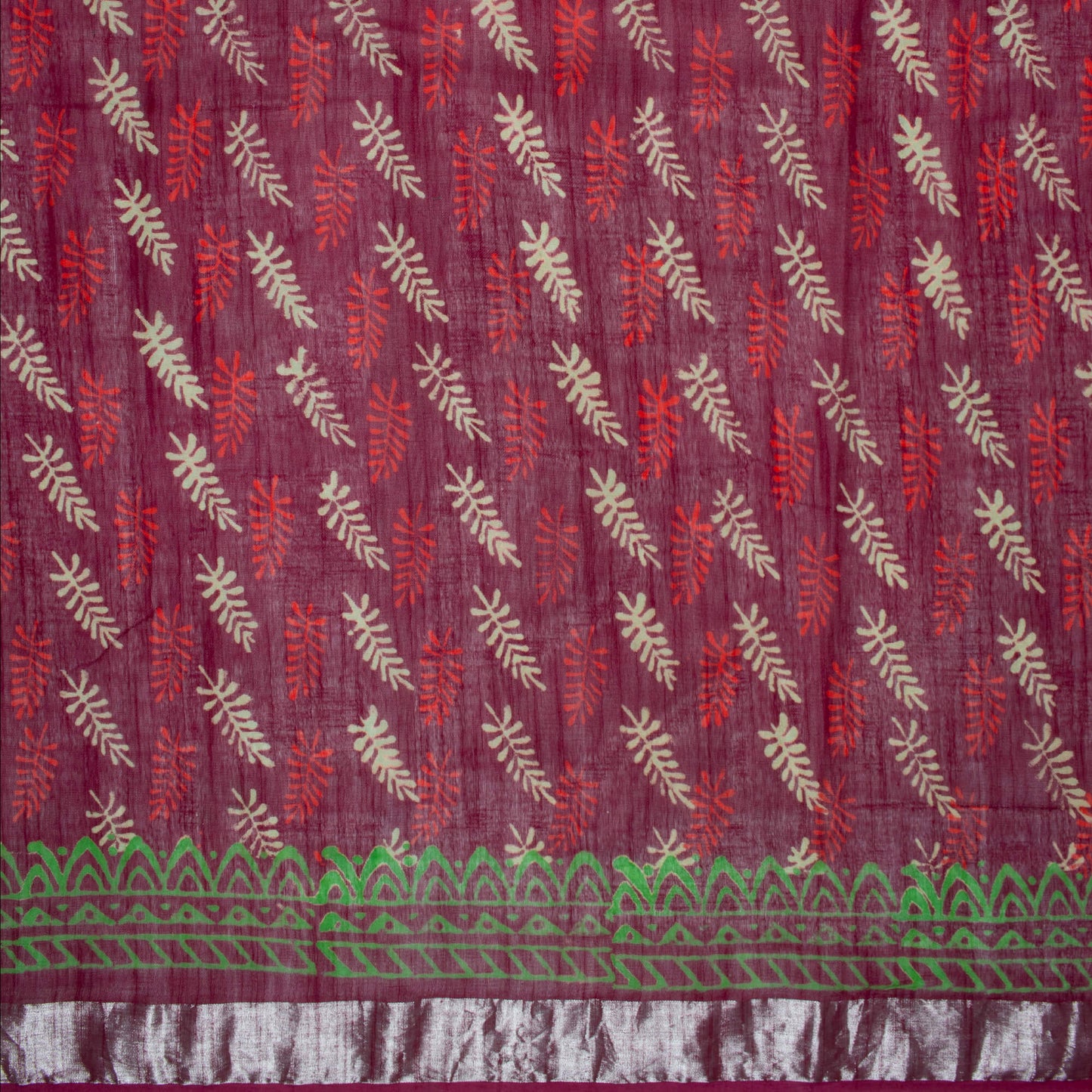 Mulberry Purple And Cream Leaf Pattern Handblock Zari Bordered With Heavy Pallu Cotton By Linen Saree