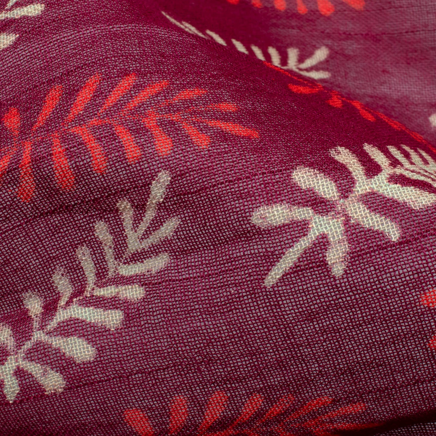 Mulberry Purple And Cream Leaf Pattern Handblock Zari Bordered With Heavy Pallu Cotton By Linen Saree