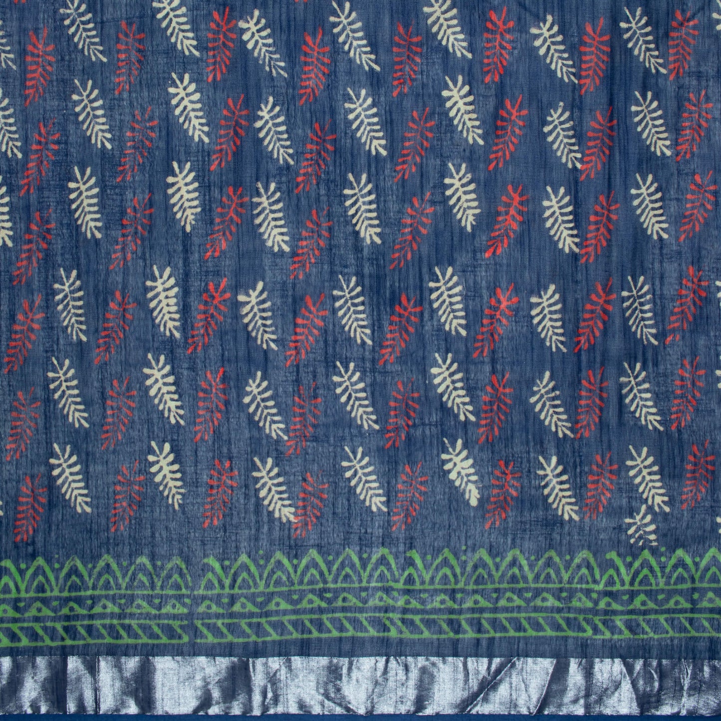 Prussian Blue And Cream Leaf Pattern Handblock Zari Bordered With Heavy Pallu Cotton By Linen Saree