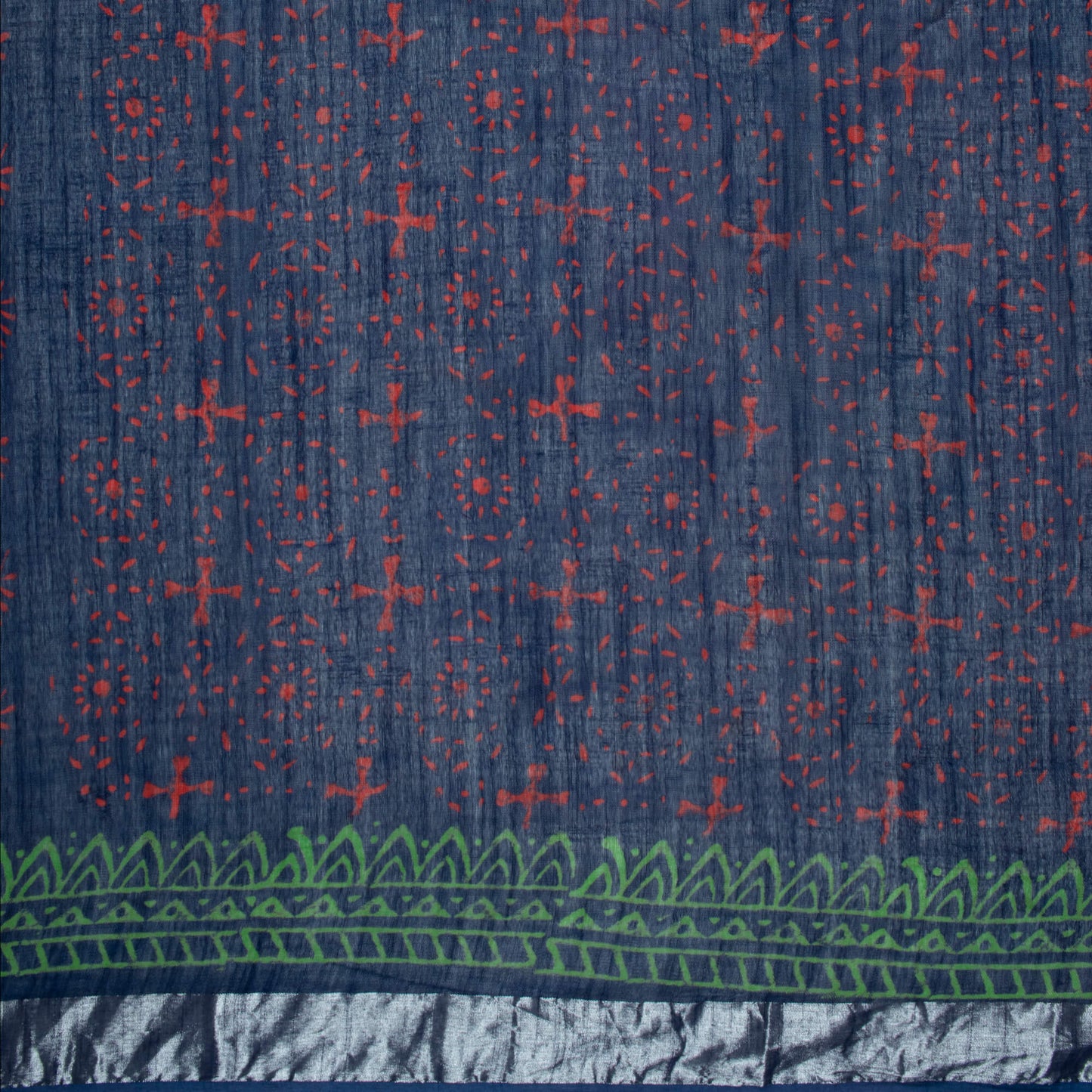Prussian Blue And Cream Leaf Pattern Handblock Zari Bordered With Heavy Pallu Cotton By Linen Saree