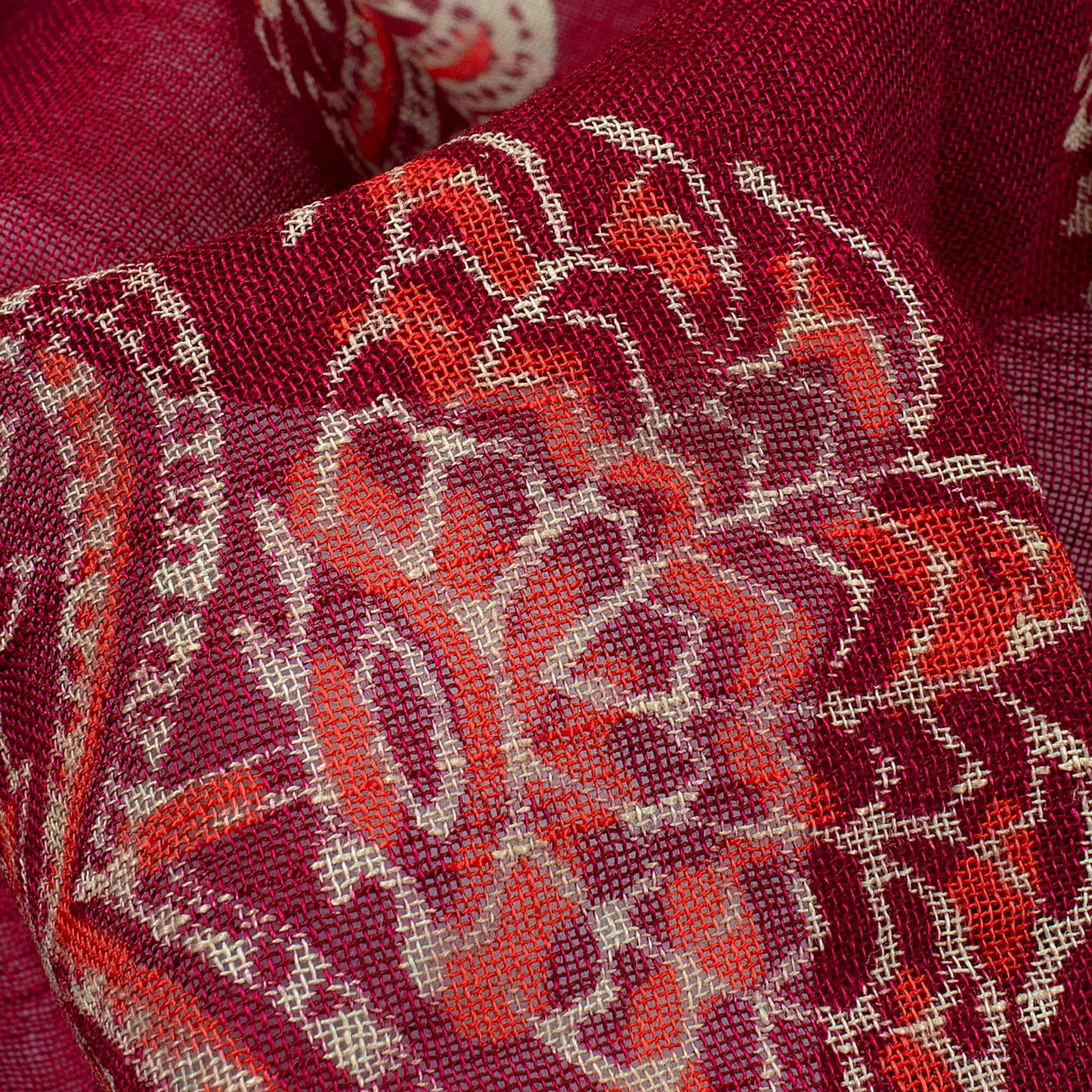 Mulberry Purple And Red Floral Pattern Handblock Zari Bordered With Heavy Pallu Cotton By Linen Saree With Blouse