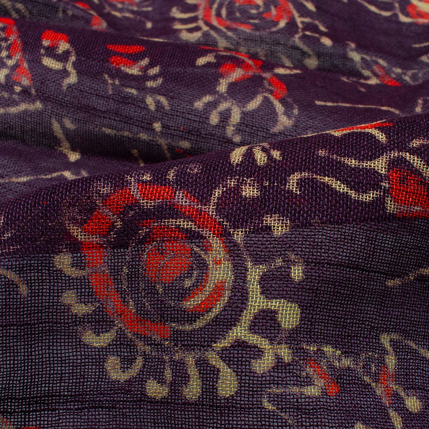 Eggplant Purple And Red Quirky Pattern Handblock Zari Bordered With Heavy Pallu Cotton By Linen Saree