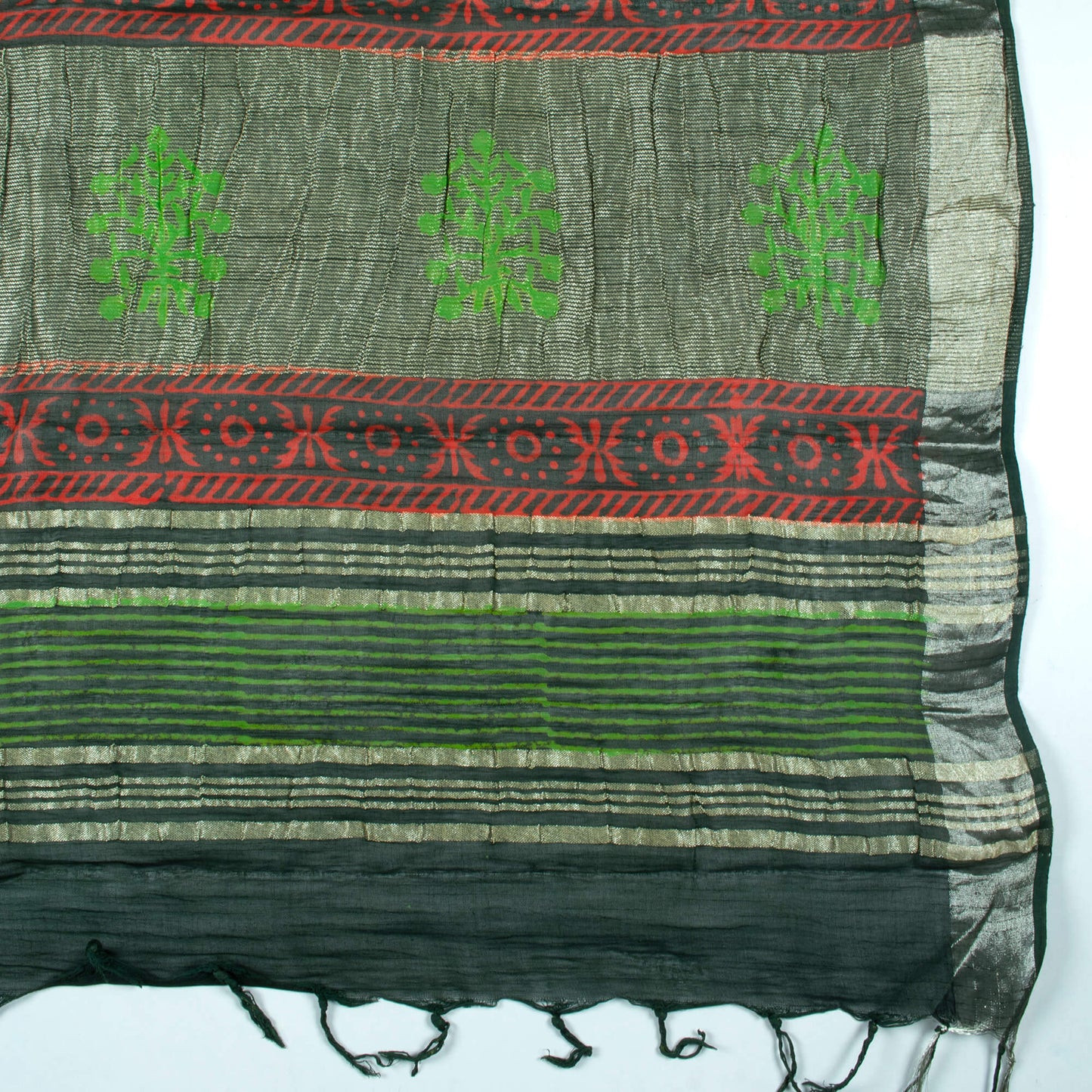 Sacramento Green And Red Booti Pattern Handblock Zari Bordered With Heavy Pallu Cotton By Linen Saree