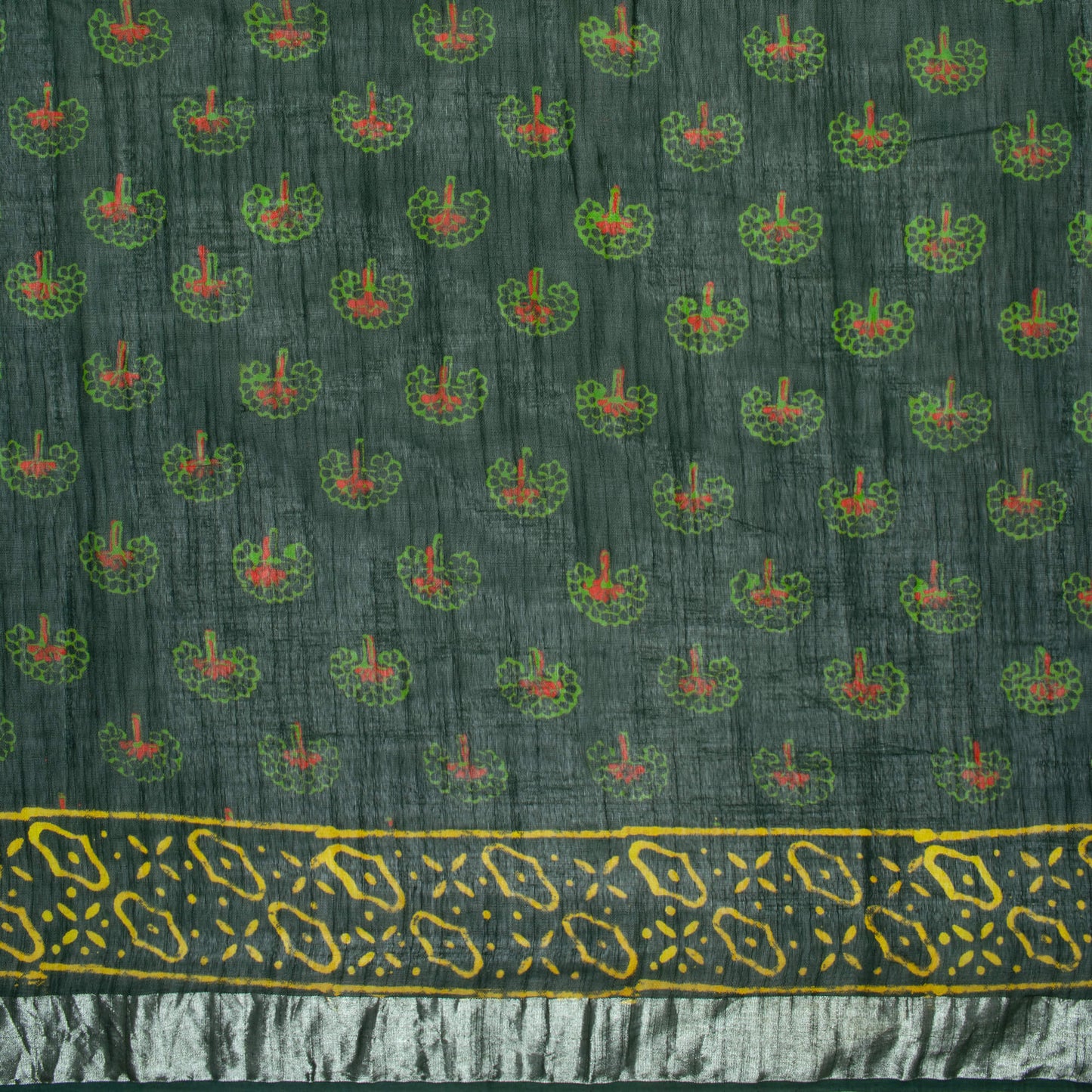 Sacramento Green And Red Booti Pattern Handblock Zari Bordered With Heavy Pallu Cotton By Linen Saree