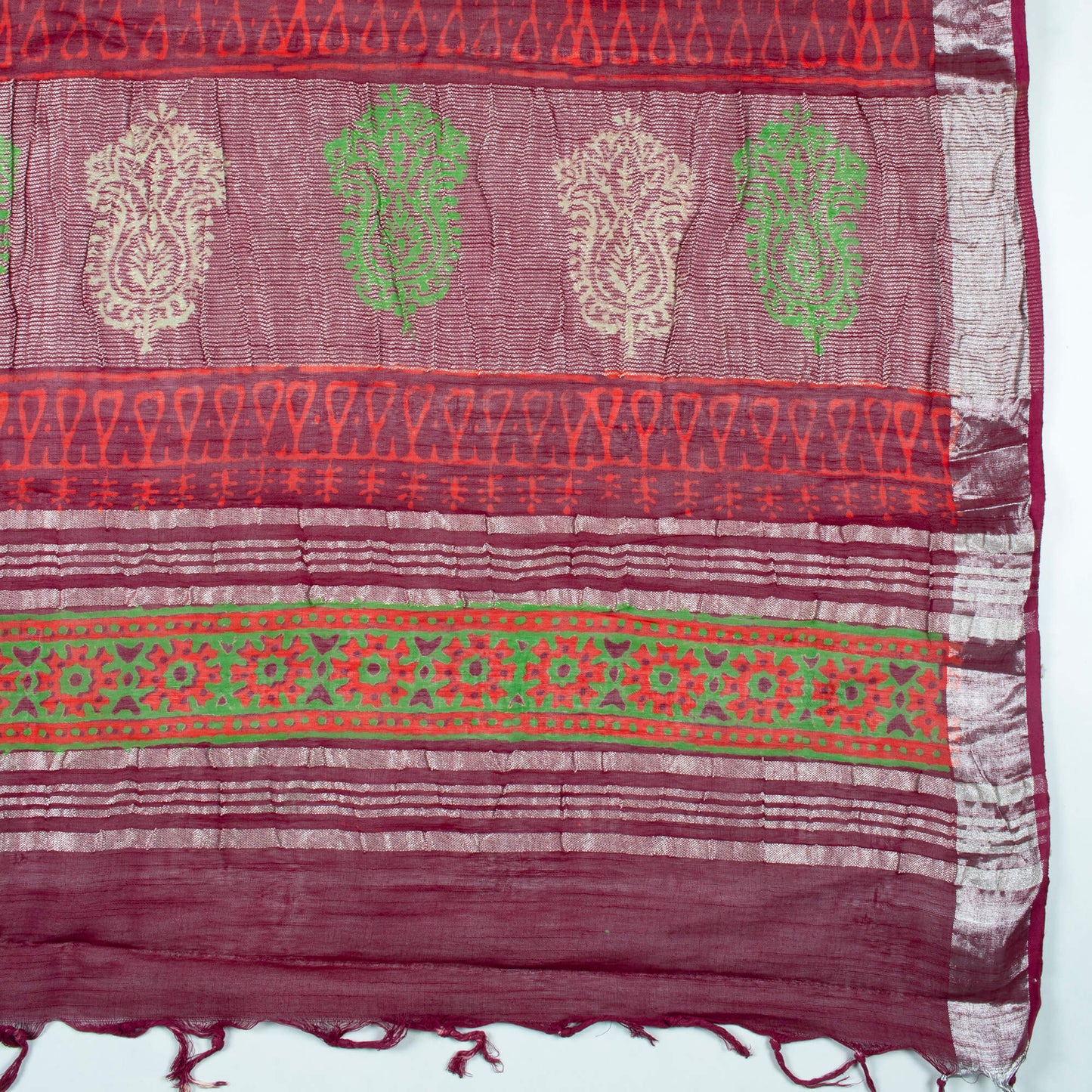 Mulberry Purple And Red Booti Pattern Handblock Zari Bordered With Heavy Pallu Cotton By Linen Saree