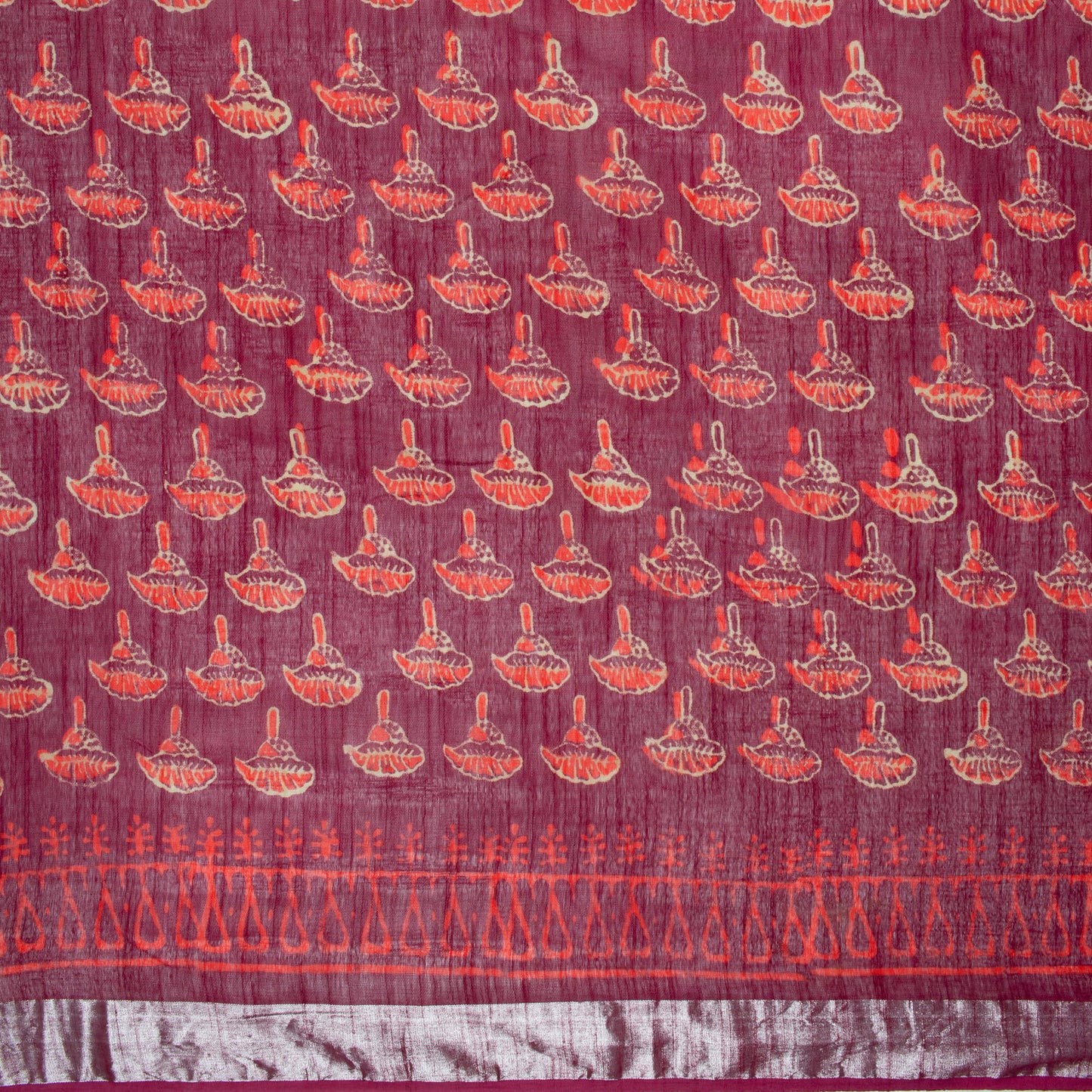 Mulberry Purple And Red Booti Pattern Handblock Zari Bordered With Heavy Pallu Cotton By Linen Saree