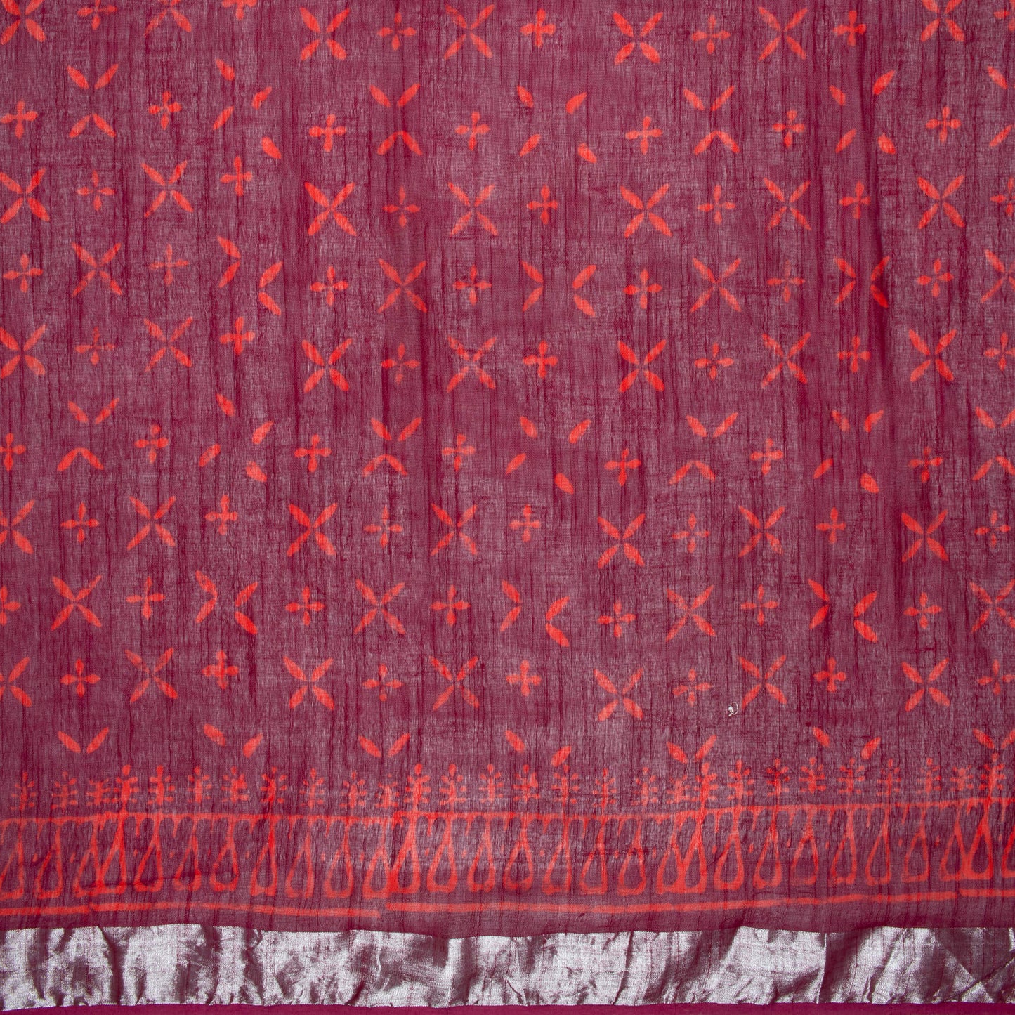 Mulberry Purple And Red Booti Pattern Handblock Zari Bordered With Heavy Pallu Cotton By Linen Saree