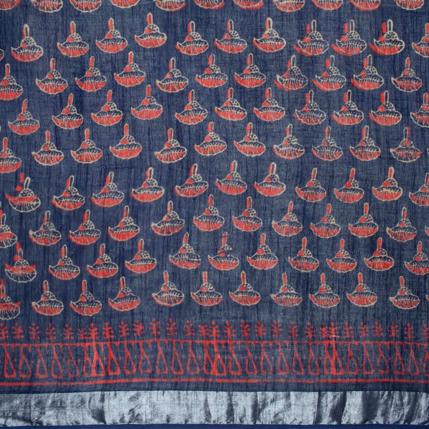 Prussian Blue And Red Booti Pattern Handblock Zari Bordered With Heavy Pallu Cotton By Linen Saree