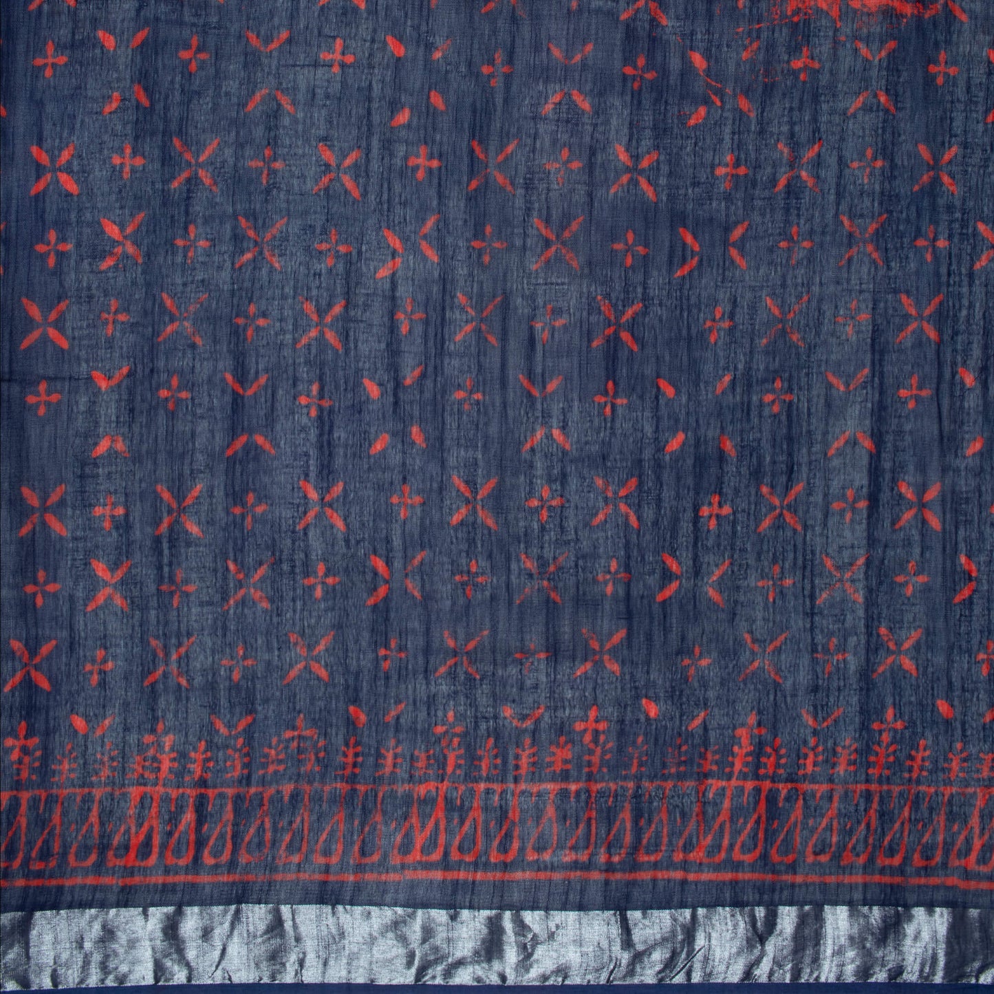 Prussian Blue And Red Booti Pattern Handblock Zari Bordered With Heavy Pallu Cotton By Linen Saree