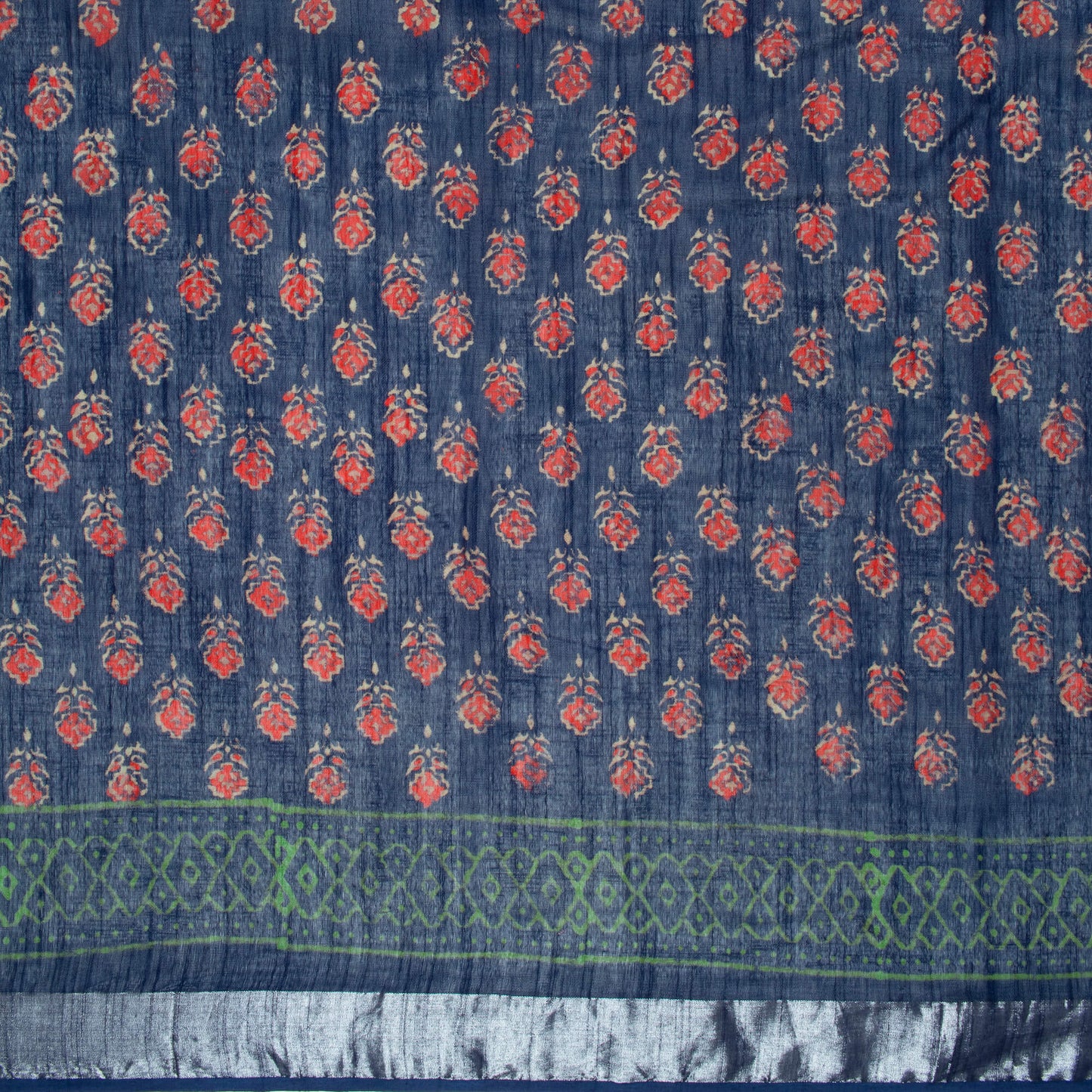 Prussian Blue And Red Floral Pattern Handblock Zari Bordered With Heavy Pallu Cotton By Linen Saree