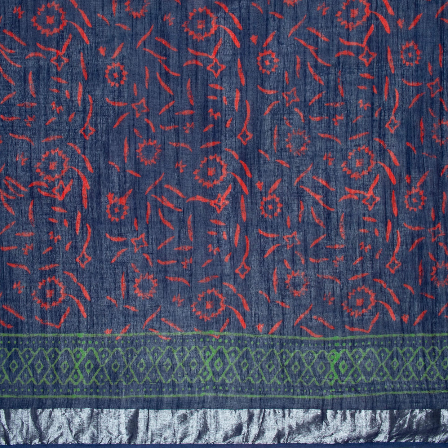 Prussian Blue And Red Floral Pattern Handblock Zari Bordered With Heavy Pallu Cotton By Linen Saree