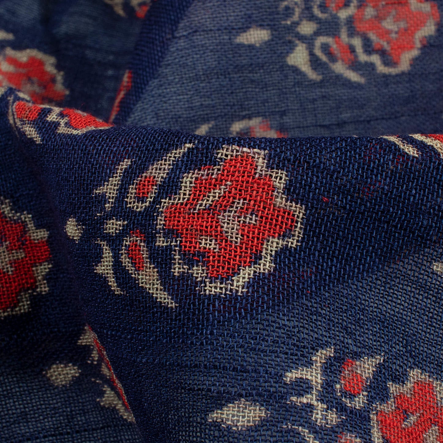 Prussian Blue And Red Floral Pattern Handblock Zari Bordered With Heavy Pallu Cotton By Linen Saree