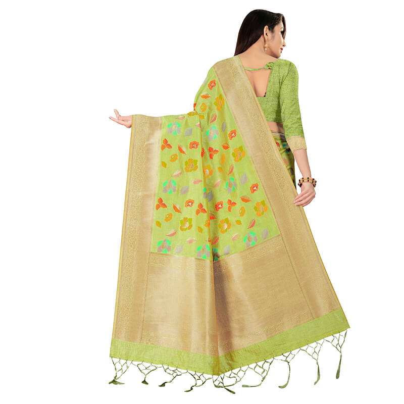 Pistachio Green And Orange Floral Pattern Zari Jacquard Borderd Art Tussar Silk Premium Saree