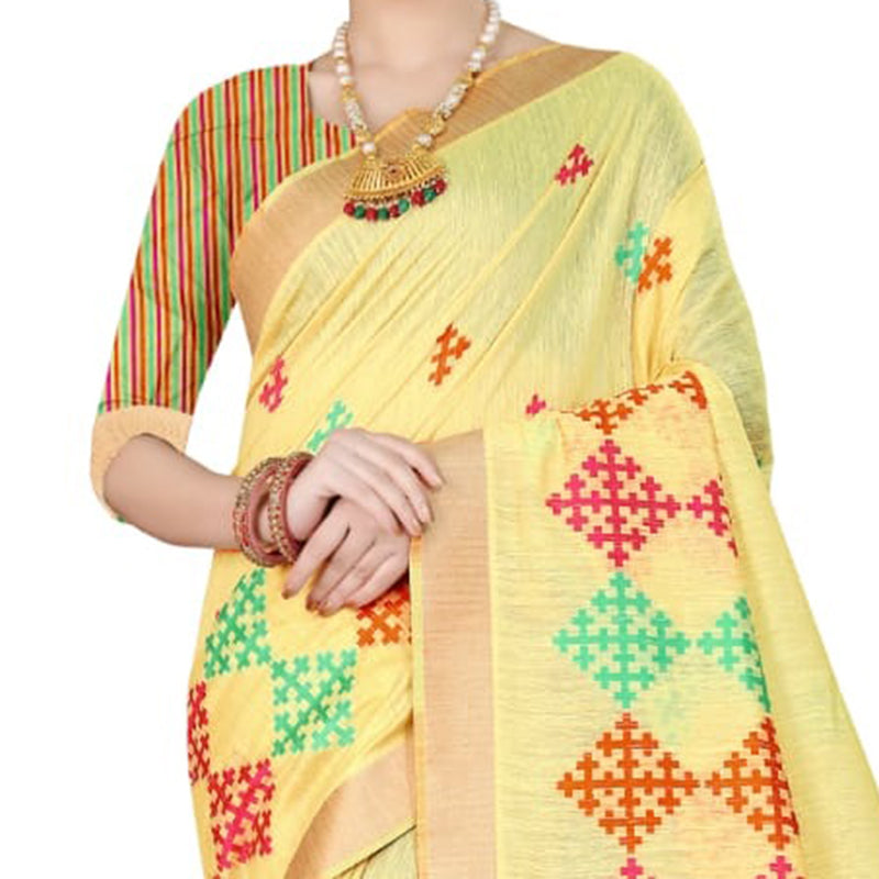 Cream And Orange Geometric Pattern Zari Jacquard Borderd Linen Textured Premium Saree