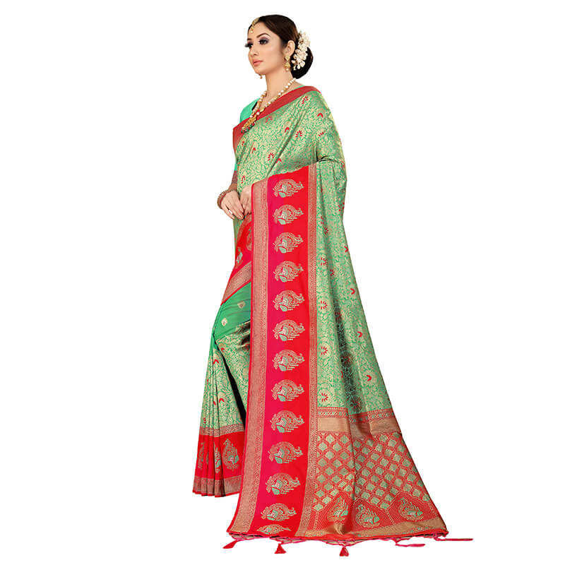 Sea Green And Dark Pink Floral Pattern Zari Jacquard Borderd Art Tussar Silk Premium Saree