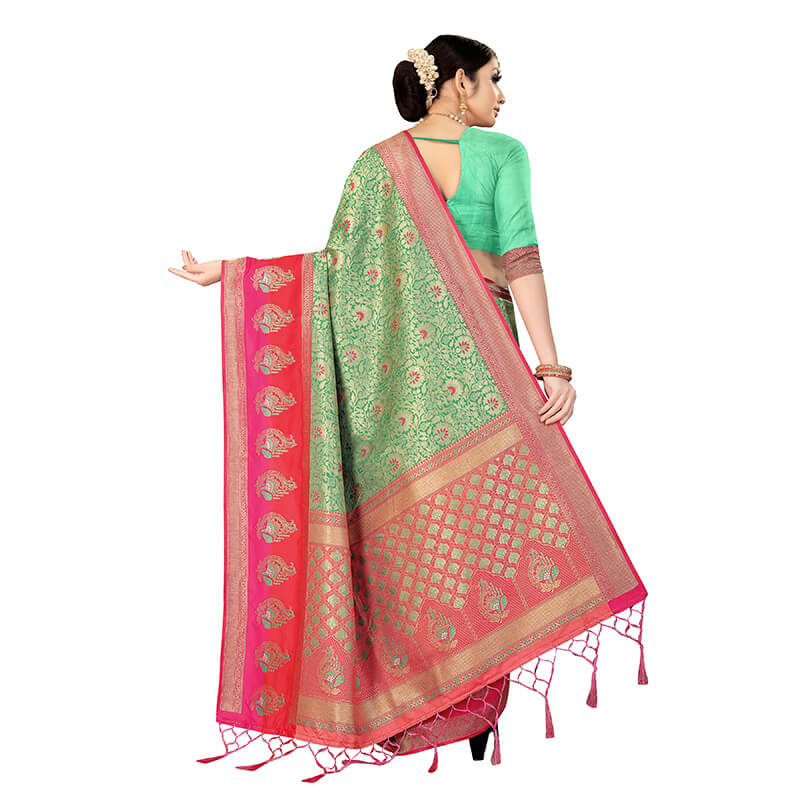 Sea Green And Dark Pink Floral Pattern Zari Jacquard Borderd Art Tussar Silk Premium Saree