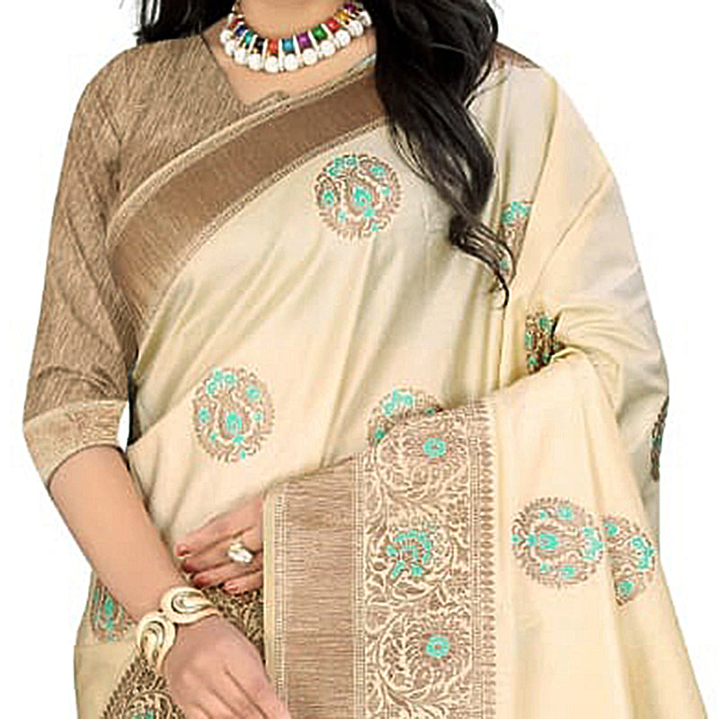 Cream And Beige Booti Pattern Zari Jacquard Borderd Art Tussar Silk Saree With Tassels