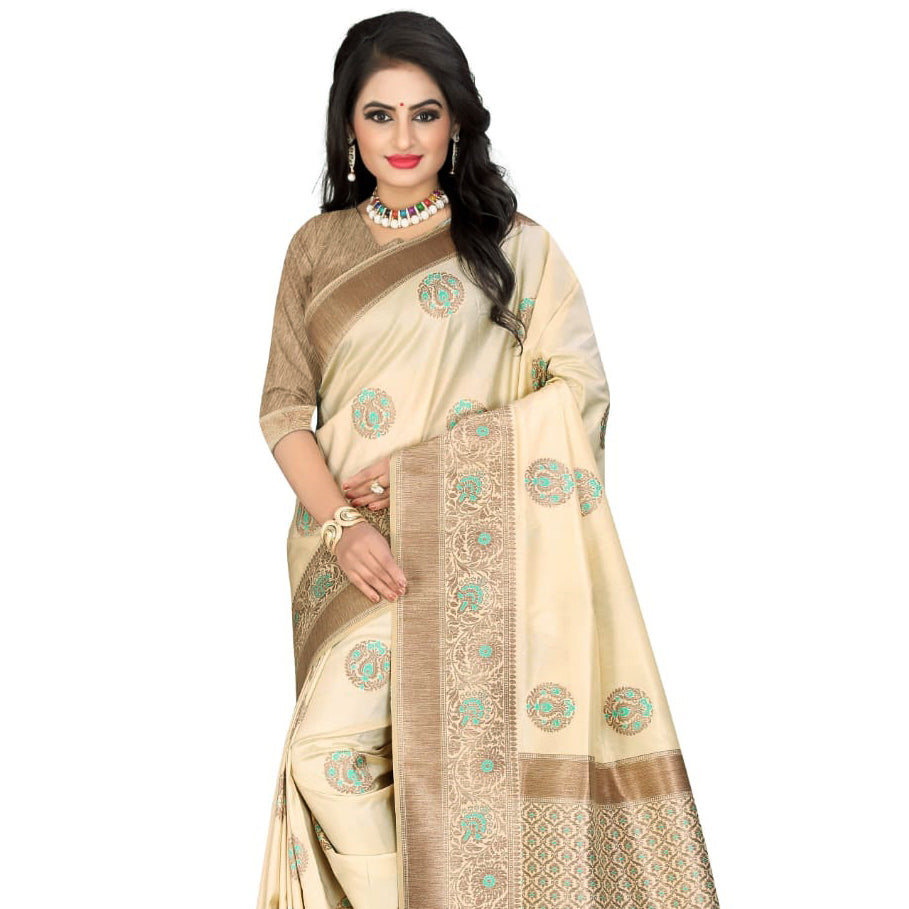 Cream And Beige Booti Pattern Zari Jacquard Borderd Art Tussar Silk Saree With Tassels