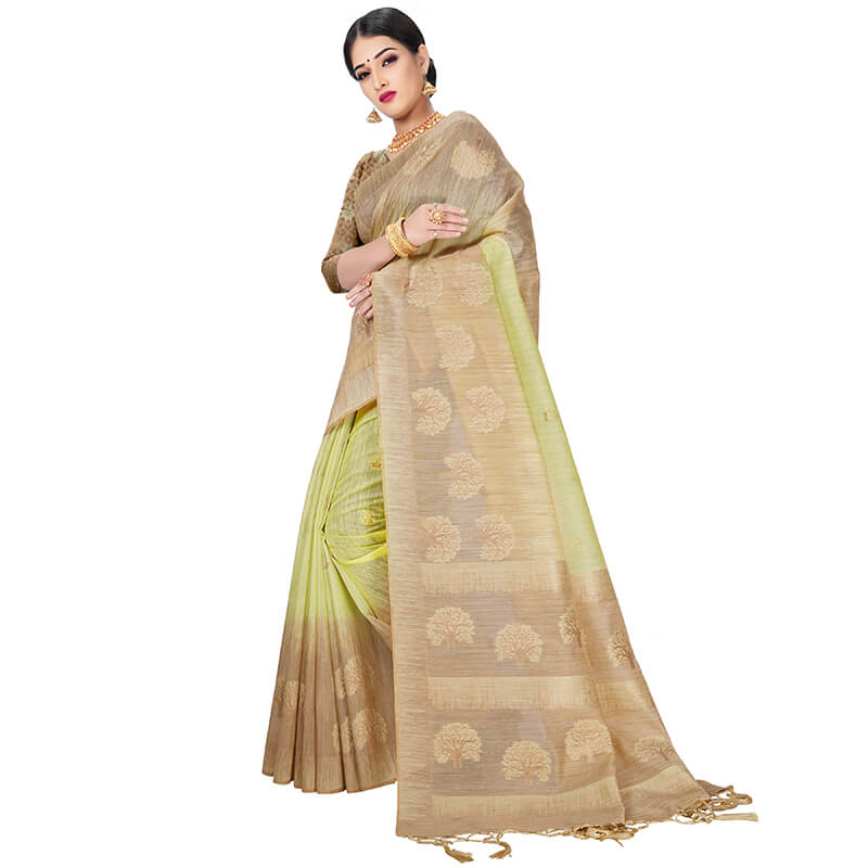 Pistachio Green And Beige Booti Pattern Zari Jacquard Borderd Art Tussar Silk Premium Saree