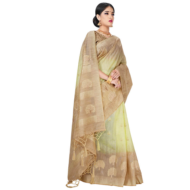 Pistachio Green And Beige Booti Pattern Zari Jacquard Borderd Art Tussar Silk Premium Saree