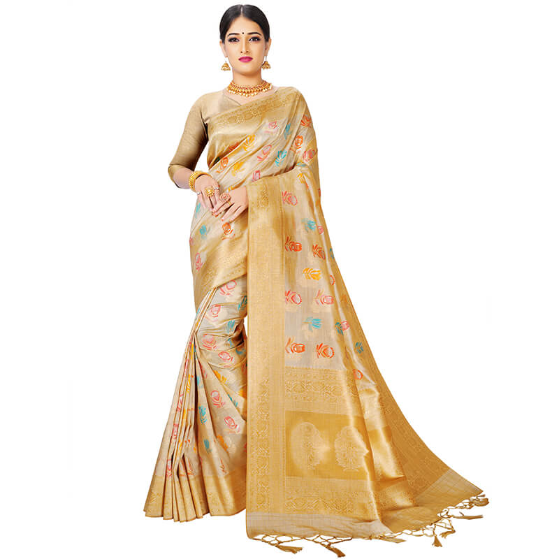 Pistachio Green And Beige Booti Pattern Zari Jacquard Borderd Art Tussar Silk Premium Saree