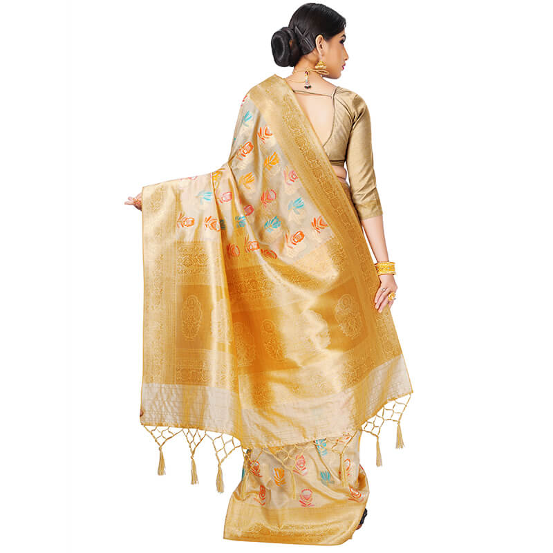 Yellow And Sea Green Floral Pattern Zari Jacquard Borderd Art Tussar Silk Premium Saree With Tassels