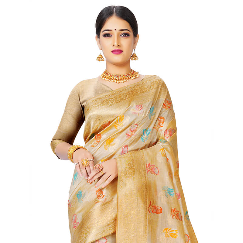 Yellow And Sea Green Floral Pattern Zari Jacquard Borderd Art Tussar Silk Premium Saree With Tassels