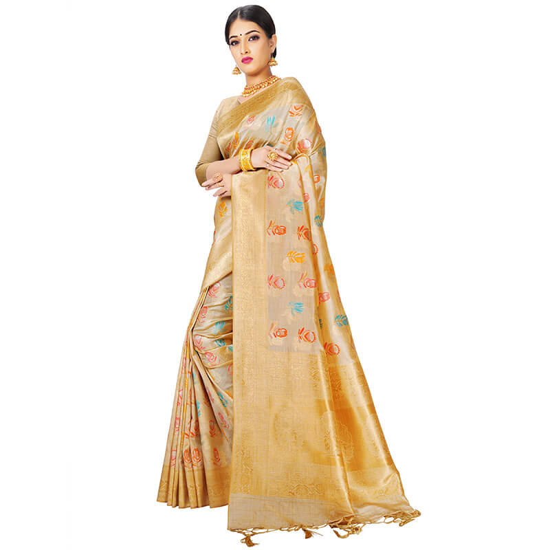 Yellow And Sea Green Floral Pattern Zari Jacquard Borderd Art Tussar Silk Premium Saree With Tassels