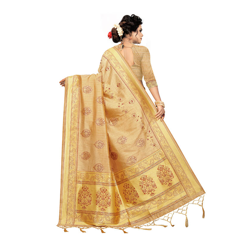 Beige And Red Ethnic Pattern Zari Jacquard Borderd Art Tussar Silk Premium Saree