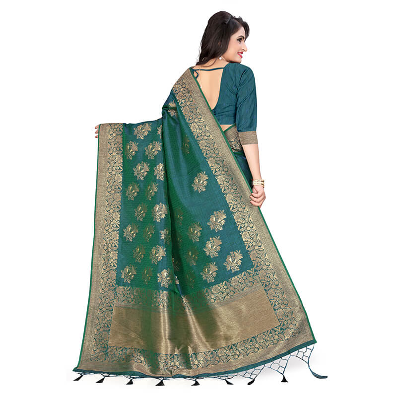 Peacock Green And Beige Ethnic Pattern Zari Jacquard Borderd Art Tussar Silk Premium Saree