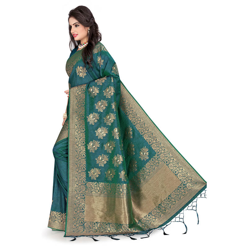 Peacock Green And Beige Ethnic Pattern Zari Jacquard Borderd Art Tussar Silk Premium Saree