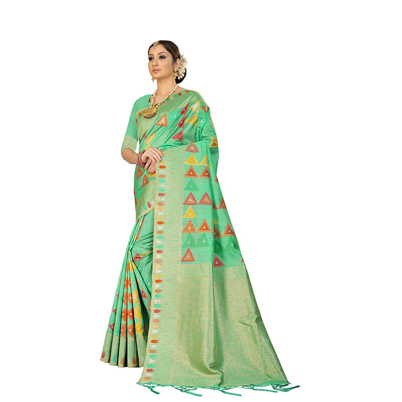 Pistachio Green And Orange Geometric Pattern Zari Jacquard Borderd Art Tussar Silk Premium Saree