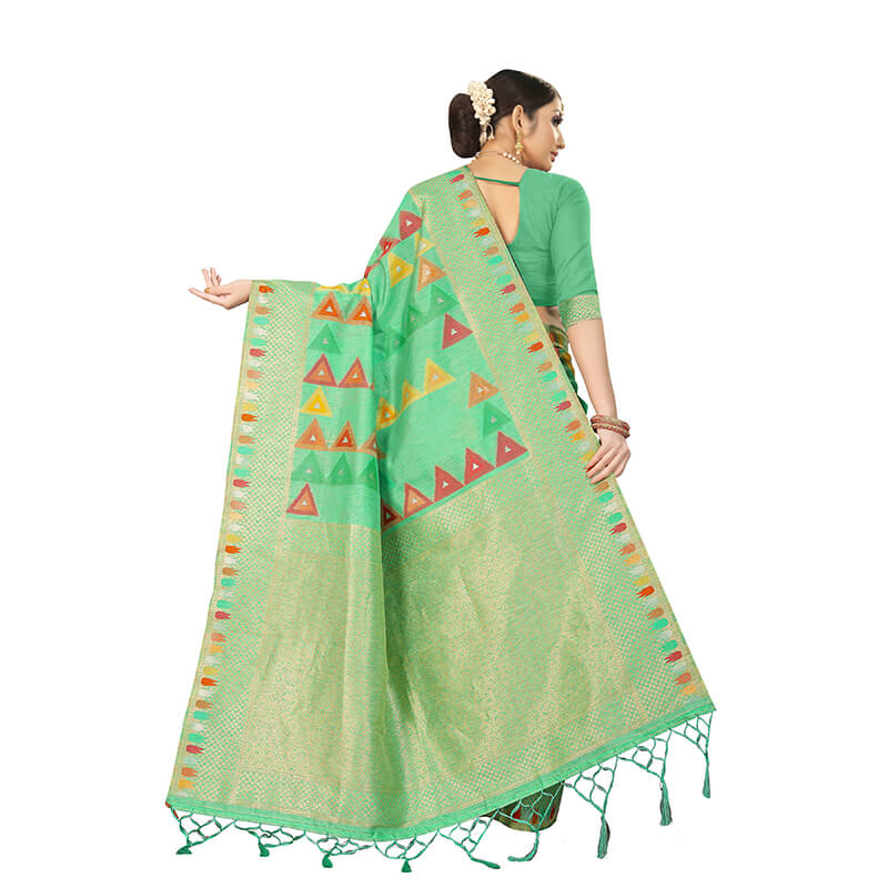 Pistachio Green And Orange Geometric Pattern Zari Jacquard Borderd Art Tussar Silk Premium Saree