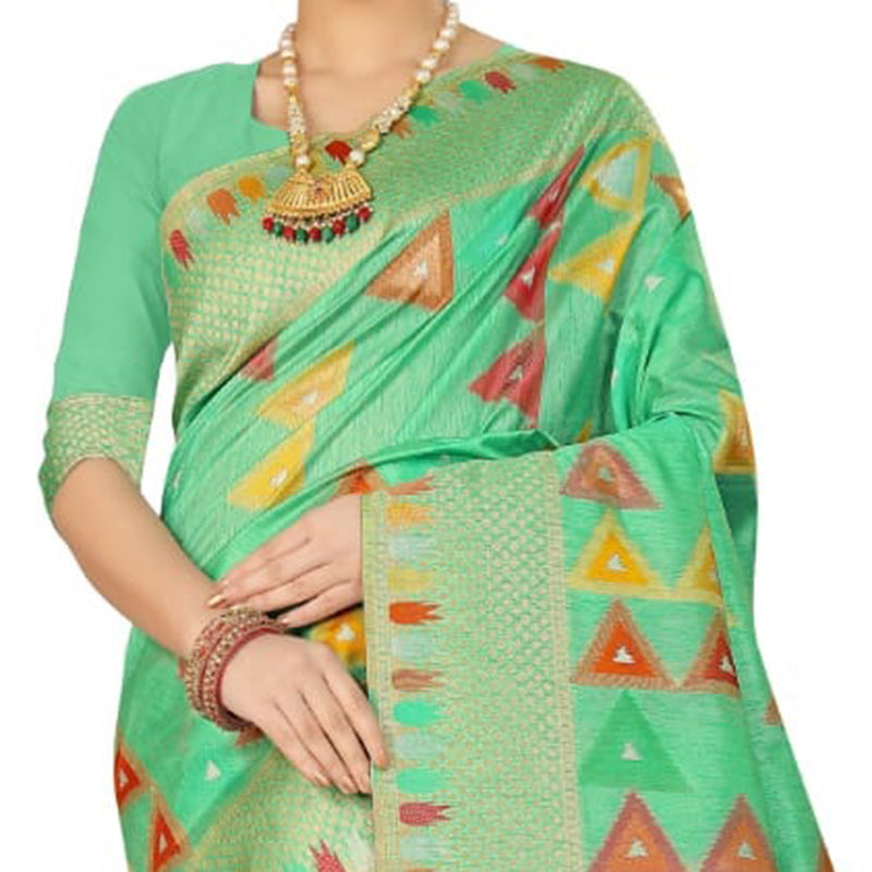 Sea Green And Orange Geometric Pattern Zari Jacquard Borderd Art Tussar Silk Premium Saree