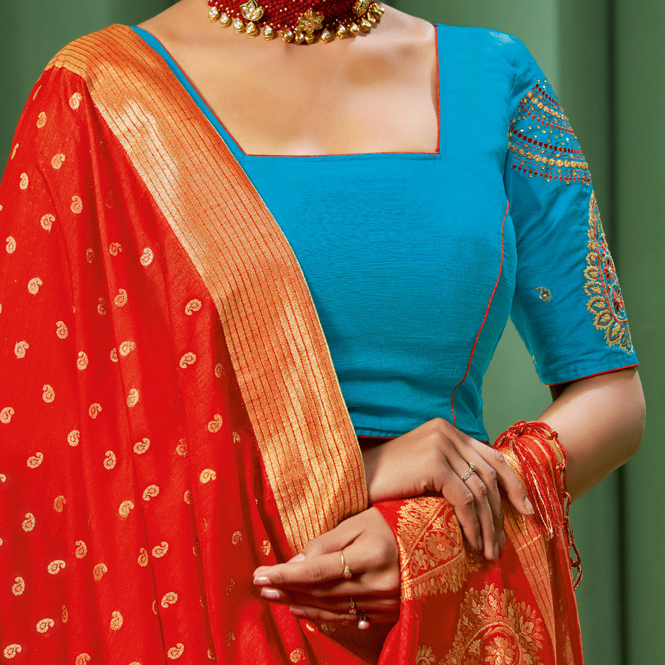 Red Paisley Pattern Zari Jacquard Bordered Art Tusser Silk Saree with Two Blouses - Fabcurate